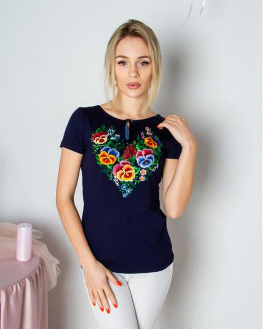 S-4XL Romantic Vyshyvanka T-shirt with Colorful Heart Bouquet Embroidery Navy