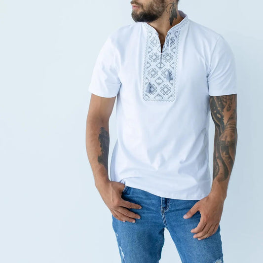S-3XL Modern Ukrainian Embroidered T-Shirt White Base with Grey Embroidery