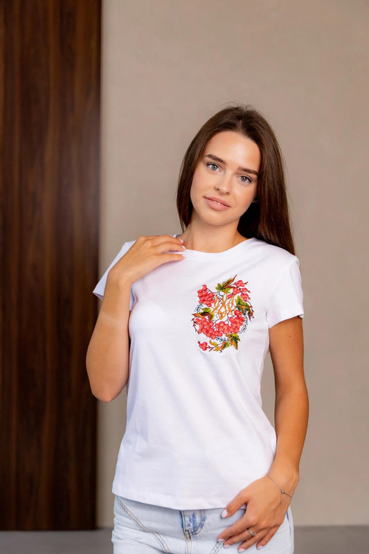 S-3XL Graceful White Vyshyvanka T-Shirt with Kalyna and Tryzub Embroidery for Women