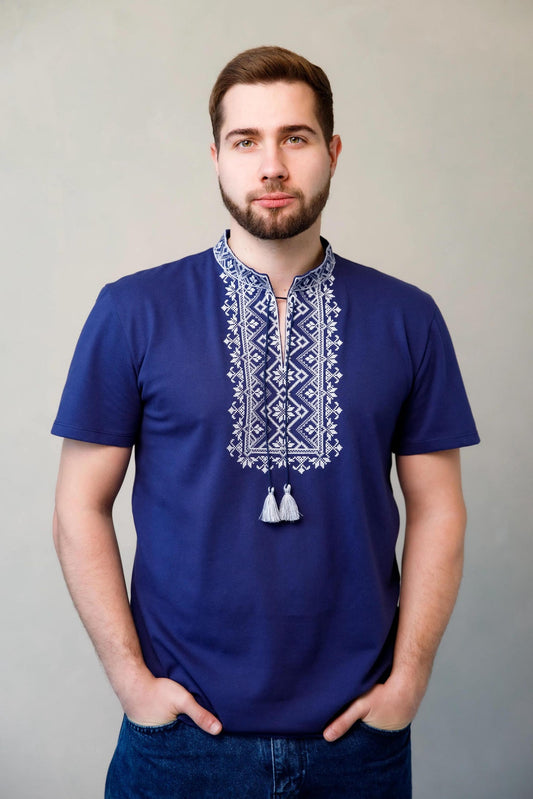 S-3XL Geometric Indigo Vyshyvanka T-Shirt for Men with Gray Embroidery