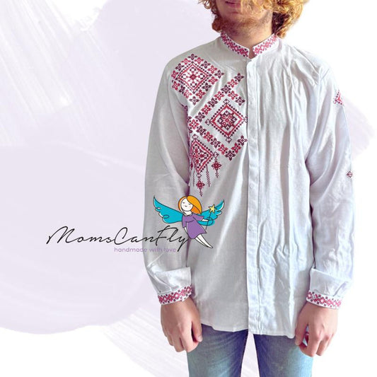 XXS-7XL Embroidered White Men’s Vyshyvanka Shirt with Geometric Red Motifs - 2 Colors