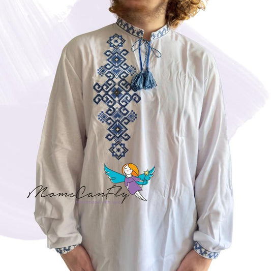 XXS-7XL White Homespun Men’s Vyshyvanka with Deep Blue Embroidery and Tassels