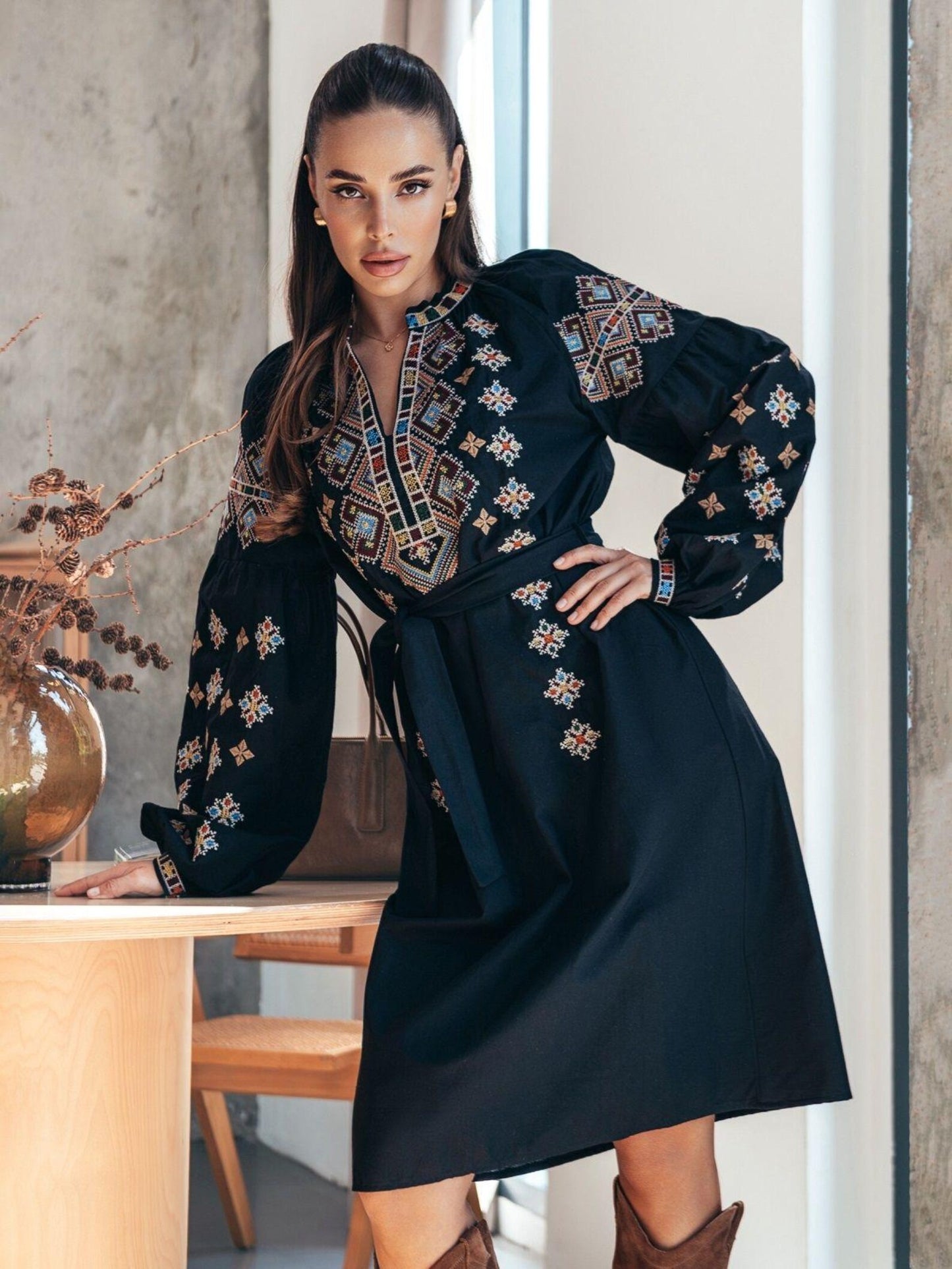 Elegant Black Embroidered Vyshyvanka Midi Dress with Geometric Folk Motifs