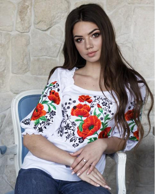 Gorgeous Traditional Slavic Ukrainian Blouse with Floral Embroidery