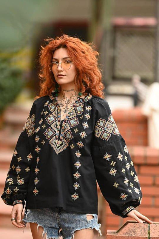S-3XL Gorgeous Black Boho Summer Blouse with Geometric Embroidery