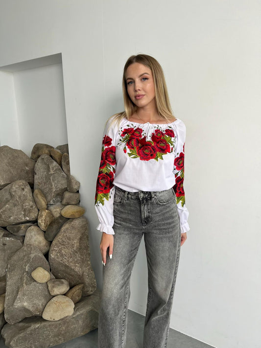 Elegant Ukrainian Vyshyvanka Blouse with Red Rose Embroidery