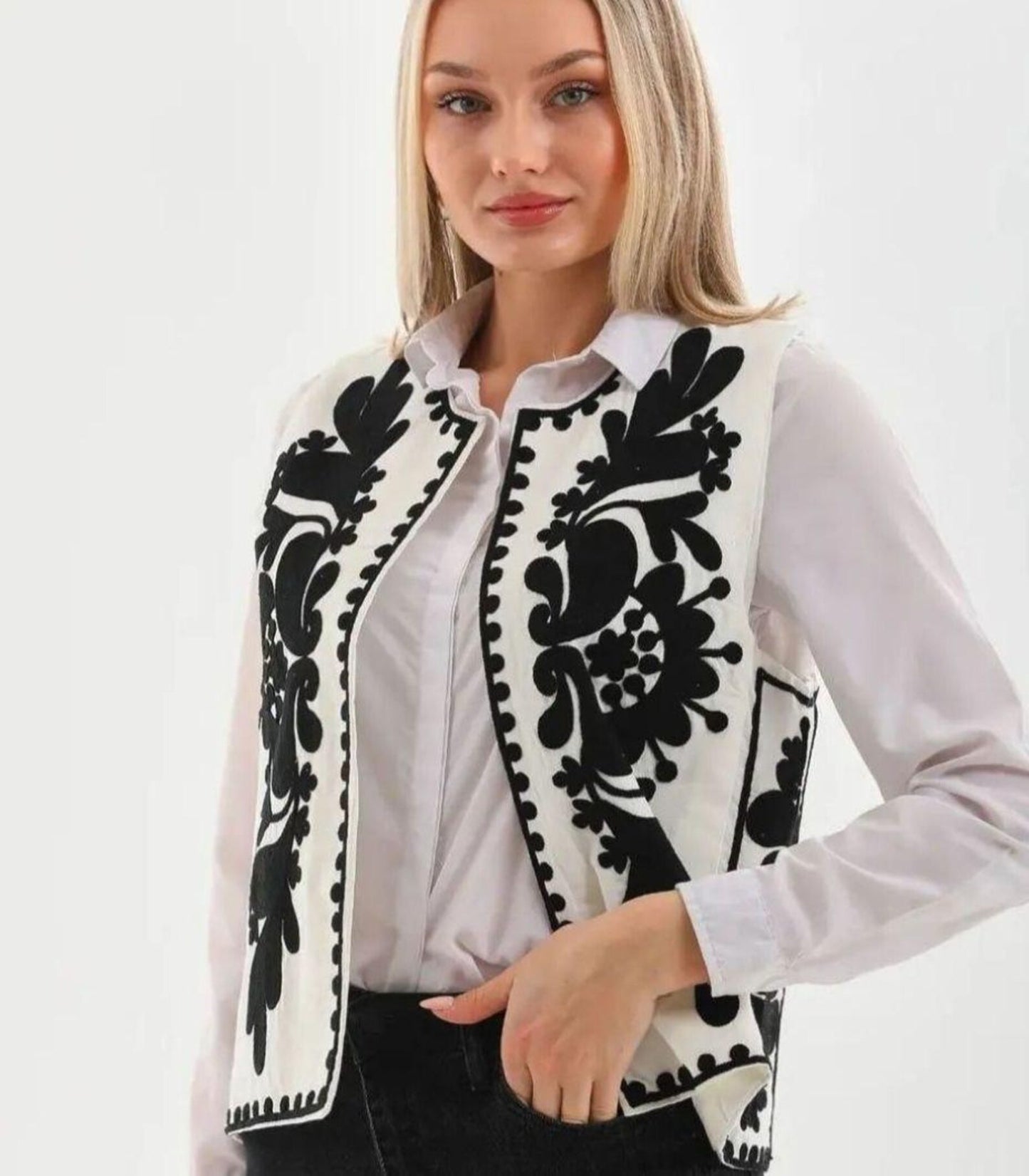 Bohemian Sleeveless Jacket with Ivory Floral Folk Embroidery