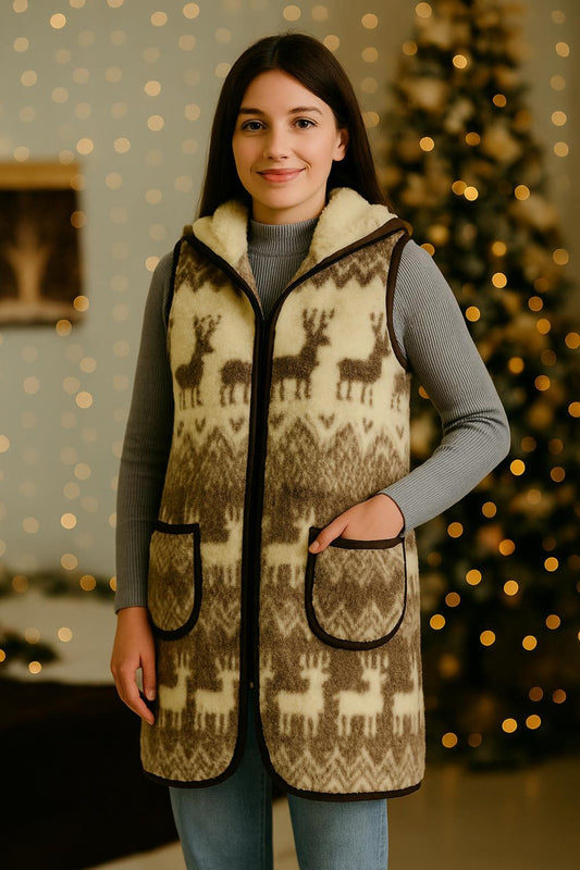 Traditional Long Mountain Vest with Carpathian Deer Pattern