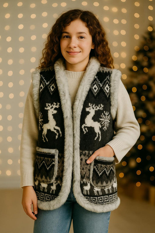 Timeless Wool Vest with Scandinavian Deer and Snowflake Embroidery