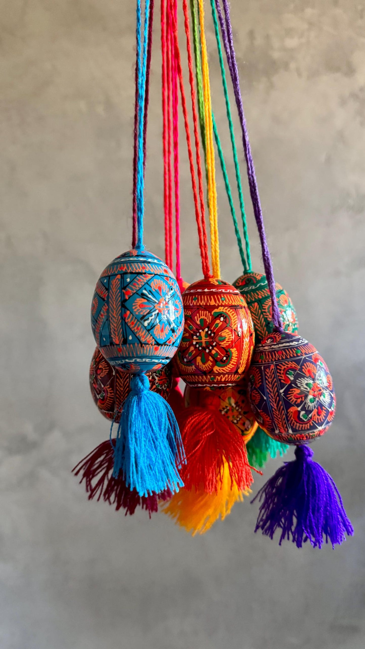 Hand-Painted Ukrainian Wooden Easter Eggs with Tassels – Folk Pysanka Ornaments - Set of 9