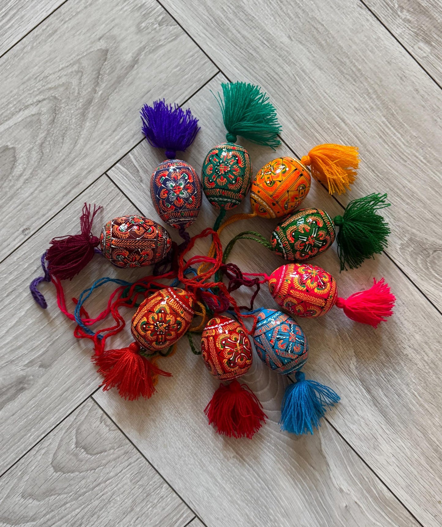 Hand-Painted Ukrainian Wooden Easter Eggs with Tassels – Folk Pysanka Ornaments - Set of 9