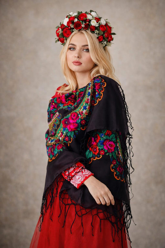 Large Black Floral Shawl with Tassels Babushka Scarf from Ukraine