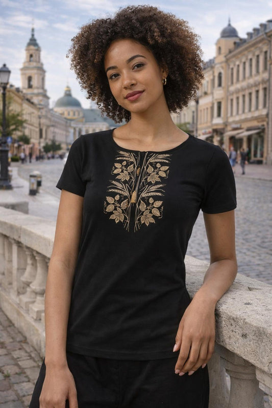 S-3XL Black Vyshyvanka T-Shirt with Golden Rye Embroidery