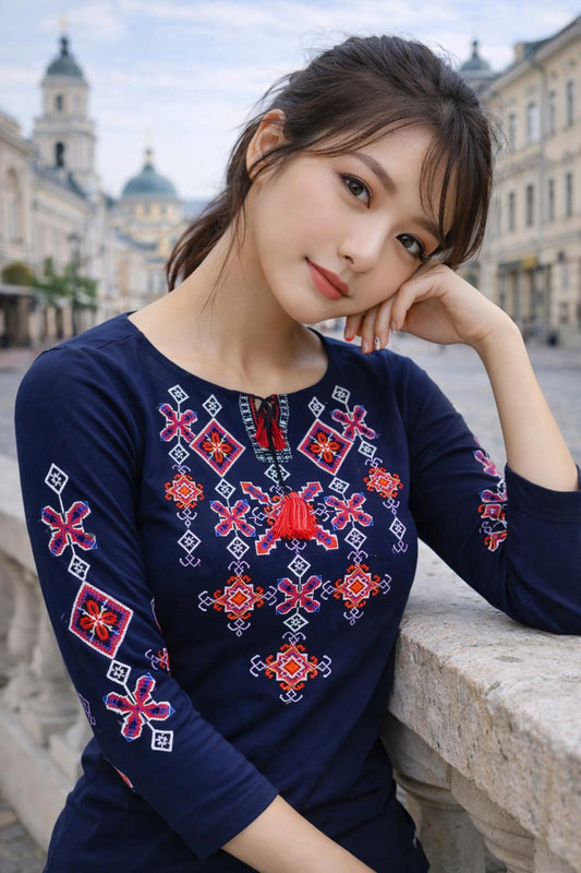 Symbolic Navy Blue Ukrainian Blouse with Red Geometric Embroidery