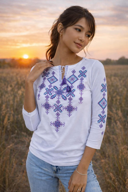 Ethnic White Ukrainian Blouse with Lavender and Sky Blue Geometric Embroidery