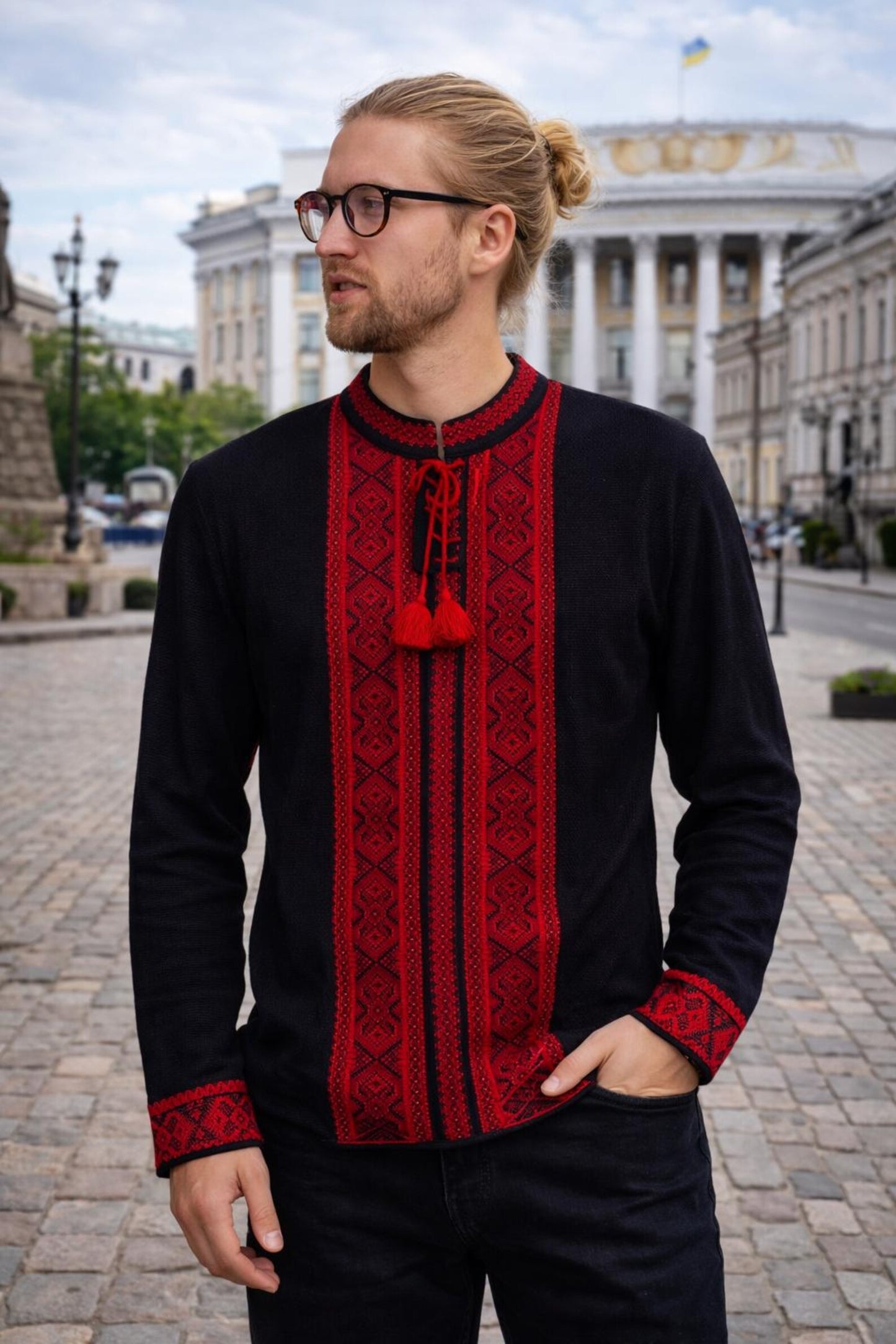 S-4XL Modern Black Knit Summer Ukrainian Shirt for Men