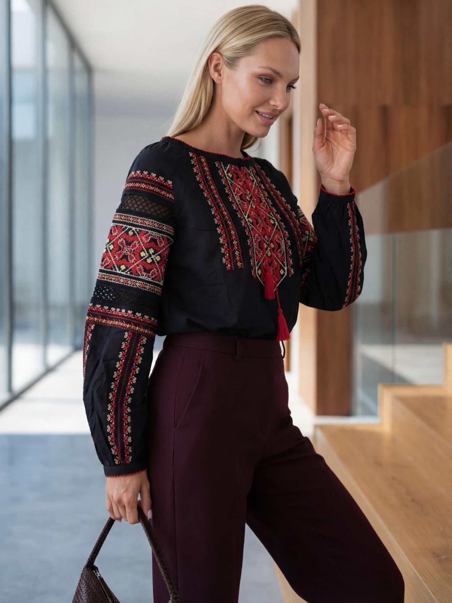 Elegant Black Embroidered Vyshyvanka Blouse with Red Geometric Motifs