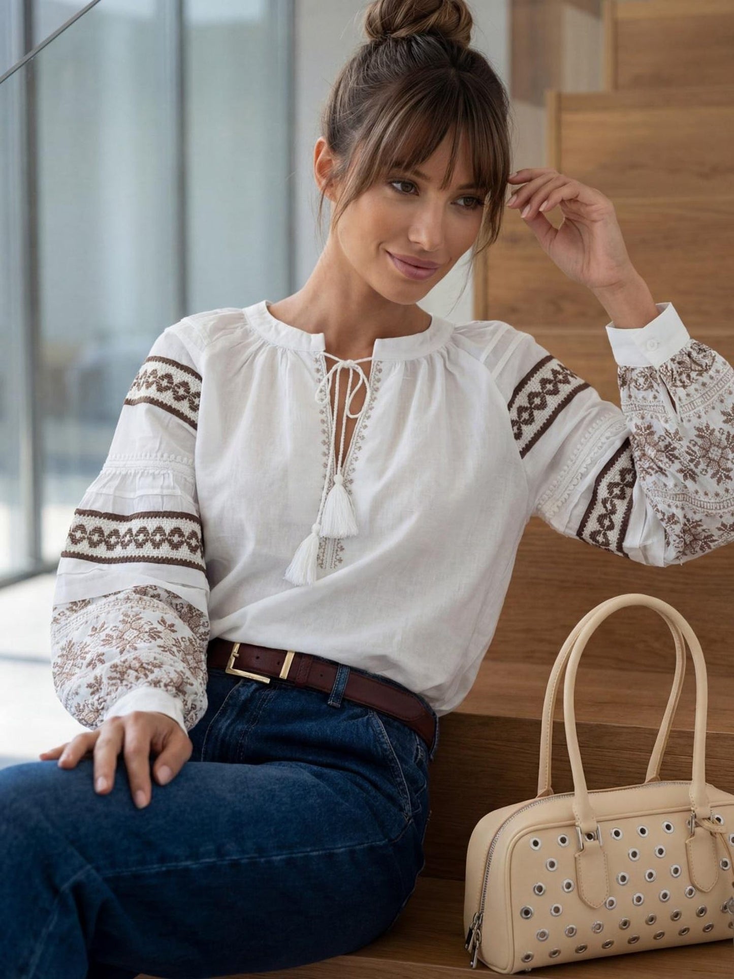 Elegant White Boho Vyshyvanka Blouse with Geometric Embroidery