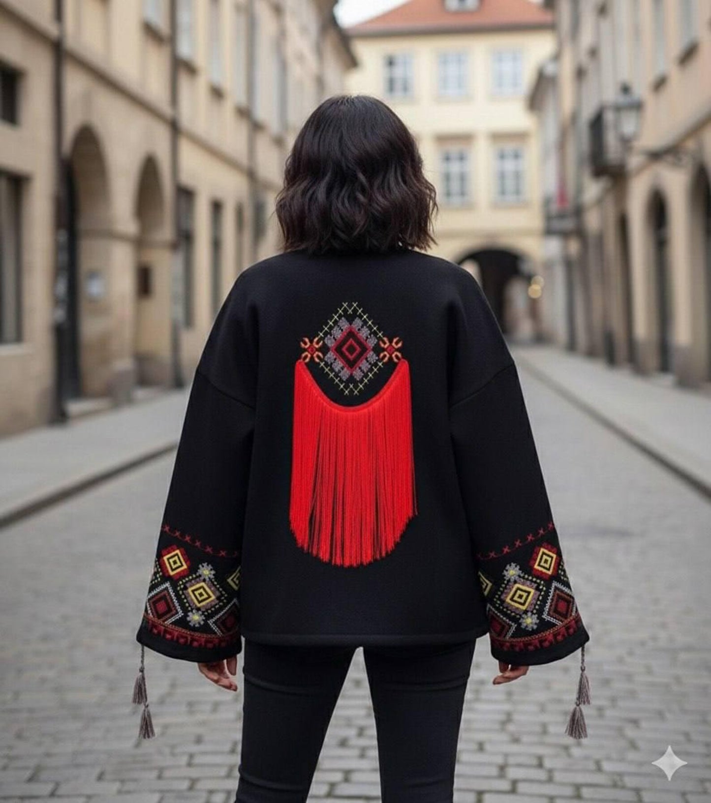 Charming Folk Style Jacket with Geometric Embroidery and Tassels