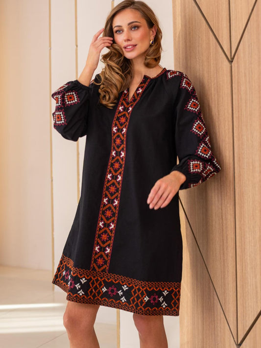 Classy Black Summer Folk Nouveau Dress with Red Embroidery