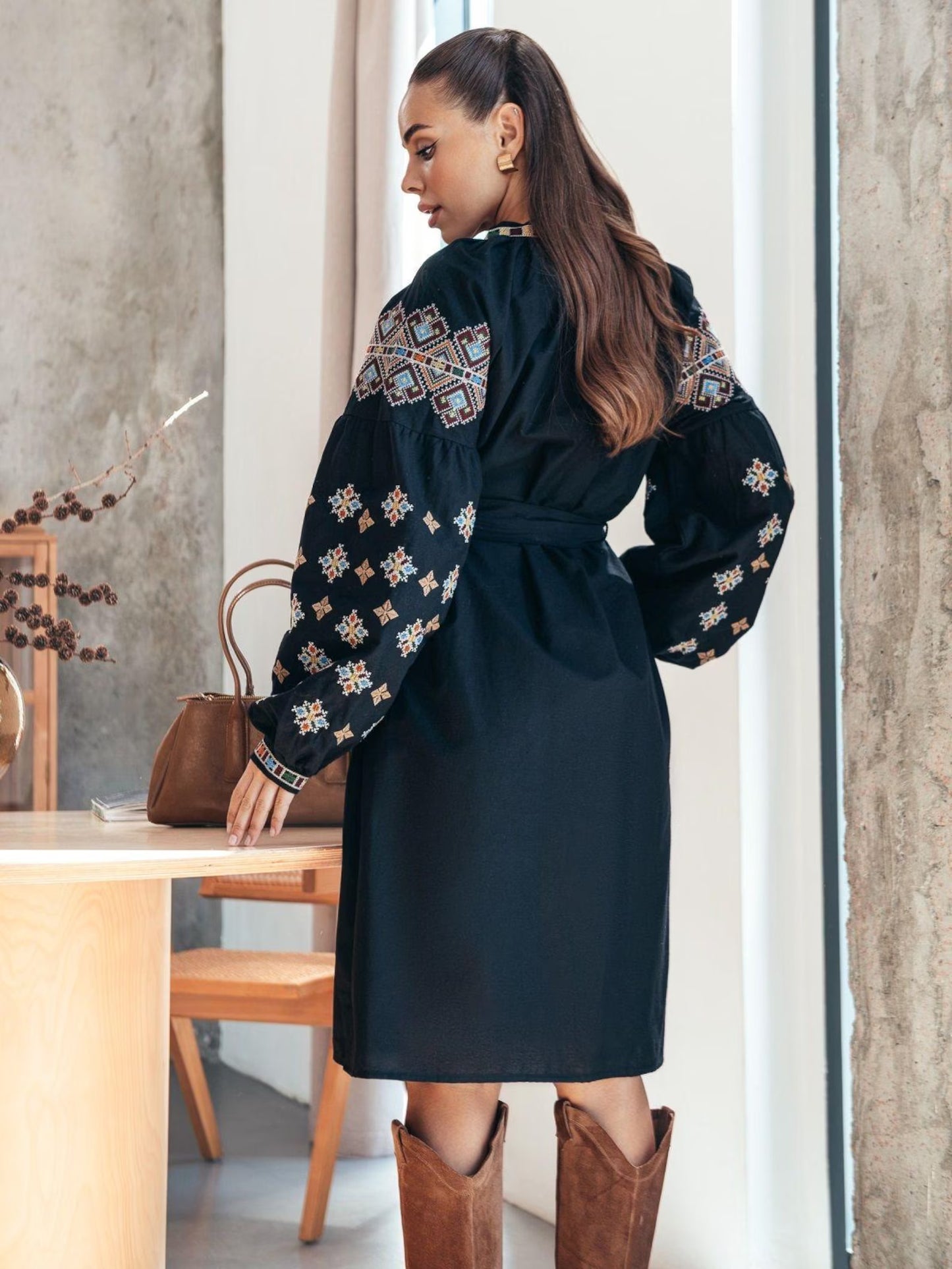 Elegant Black Embroidered Vyshyvanka Midi Dress with Geometric Folk Motifs