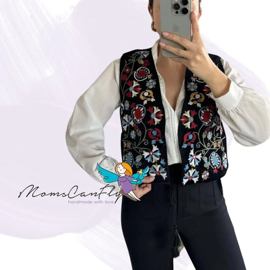 Black Velour Folk Embroidered Vest with Floral Pattern