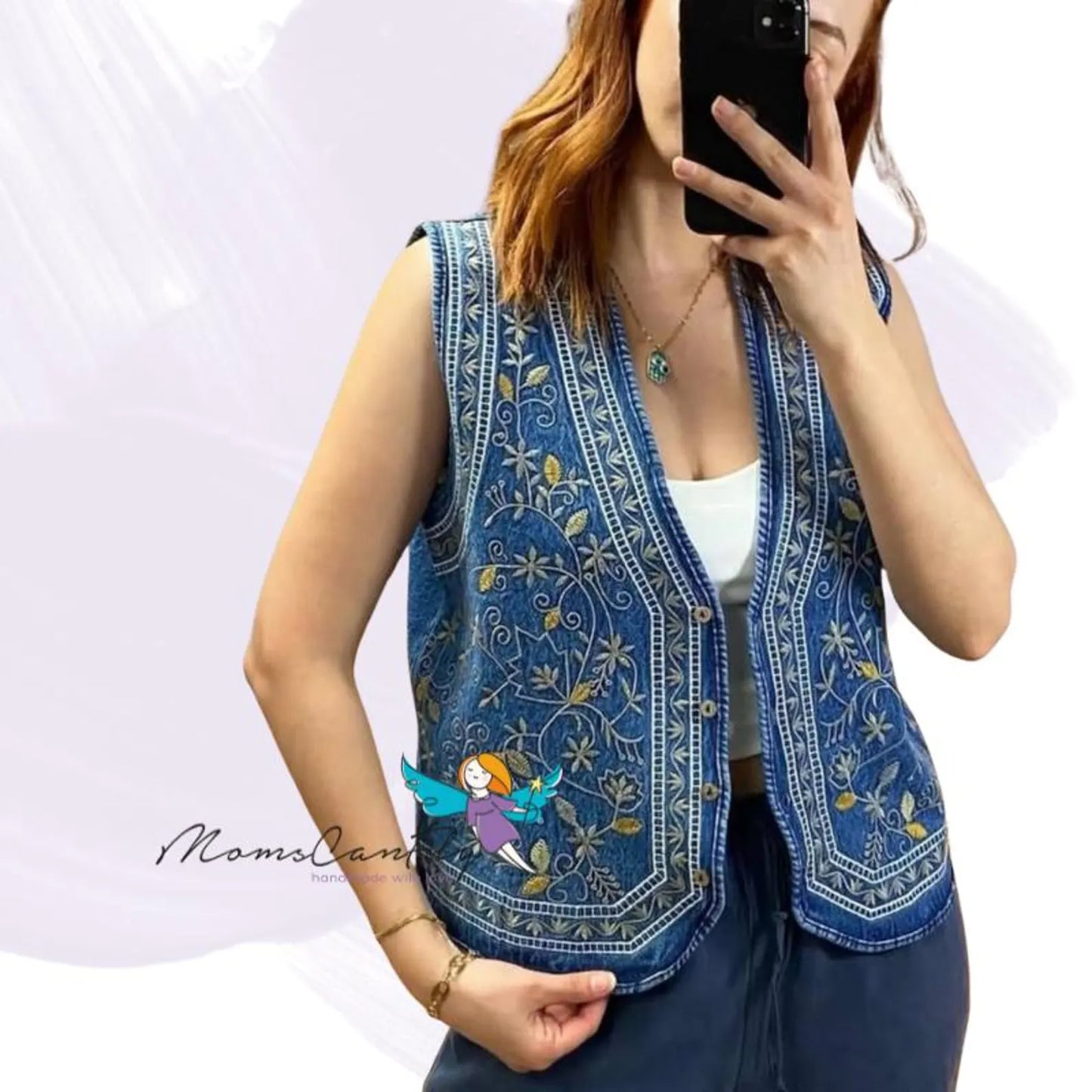 Elegant Denim Vest with Golden Floral Folk Embroidery