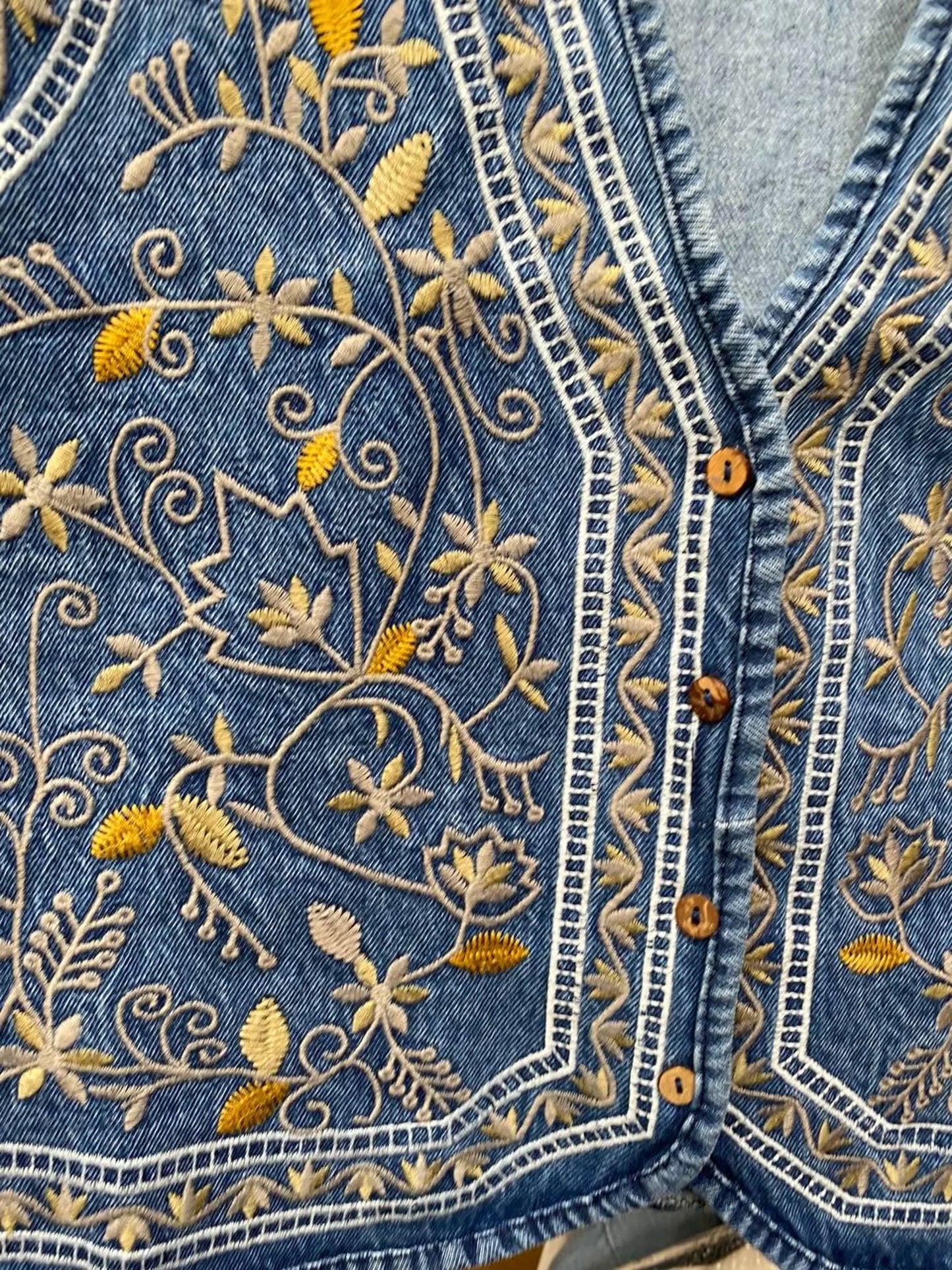Elegant Denim Vest with Golden Floral Folk Embroidery