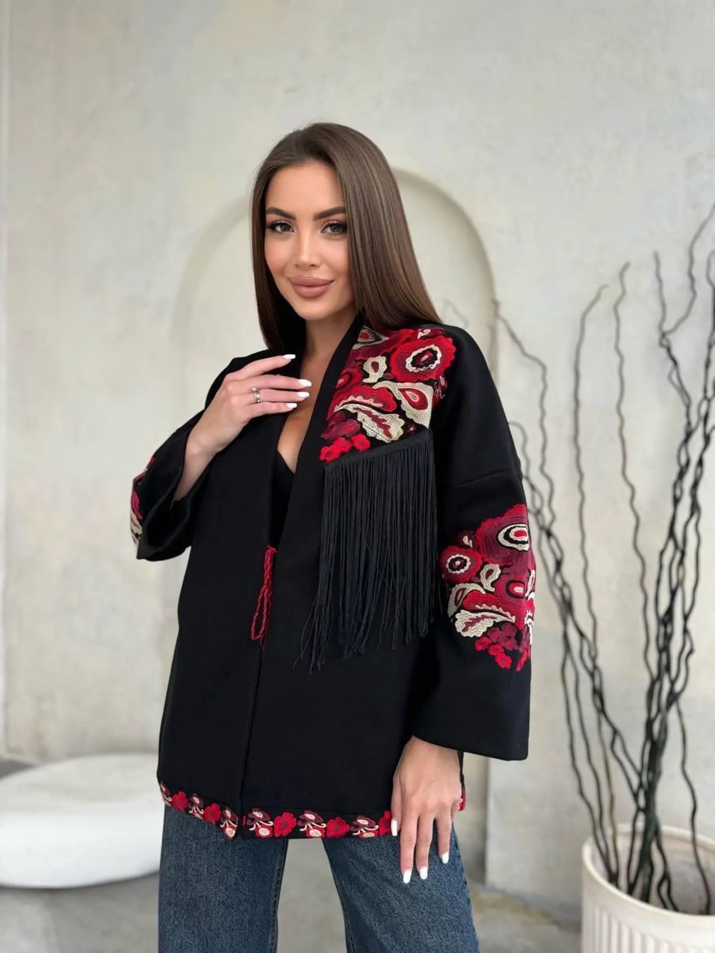 Elegant Eco Cashmere Jacket with Red Folk Embroidery