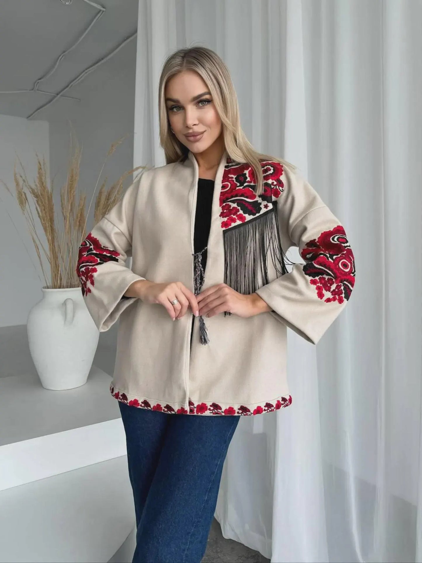 Elegant Eco Cashmere Jacket with Red Folk Embroidery