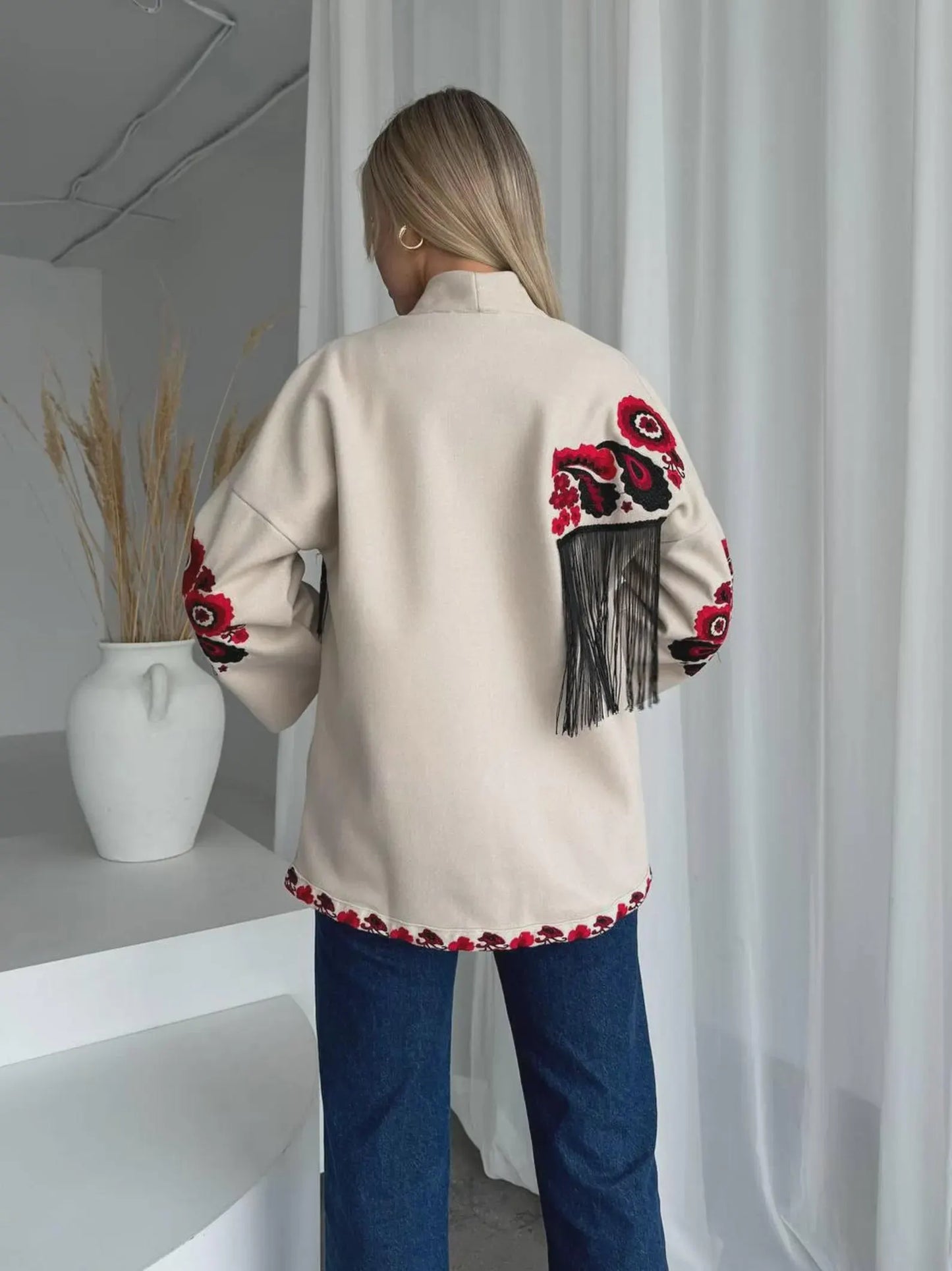 Elegant Eco Cashmere Jacket with Red Folk Embroidery