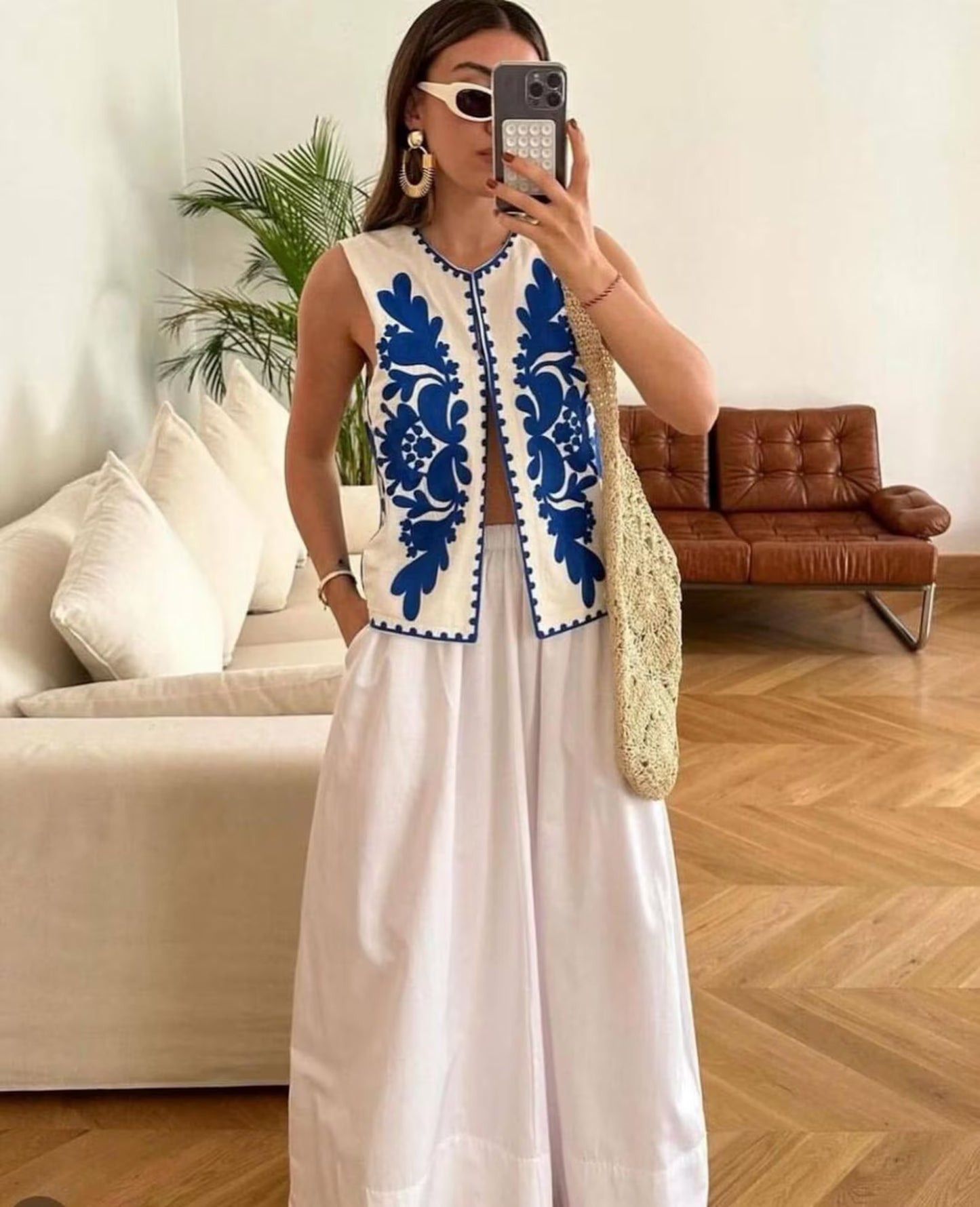 Bohemian Sleeveless Jacket with Ivory Floral Folk Embroidery