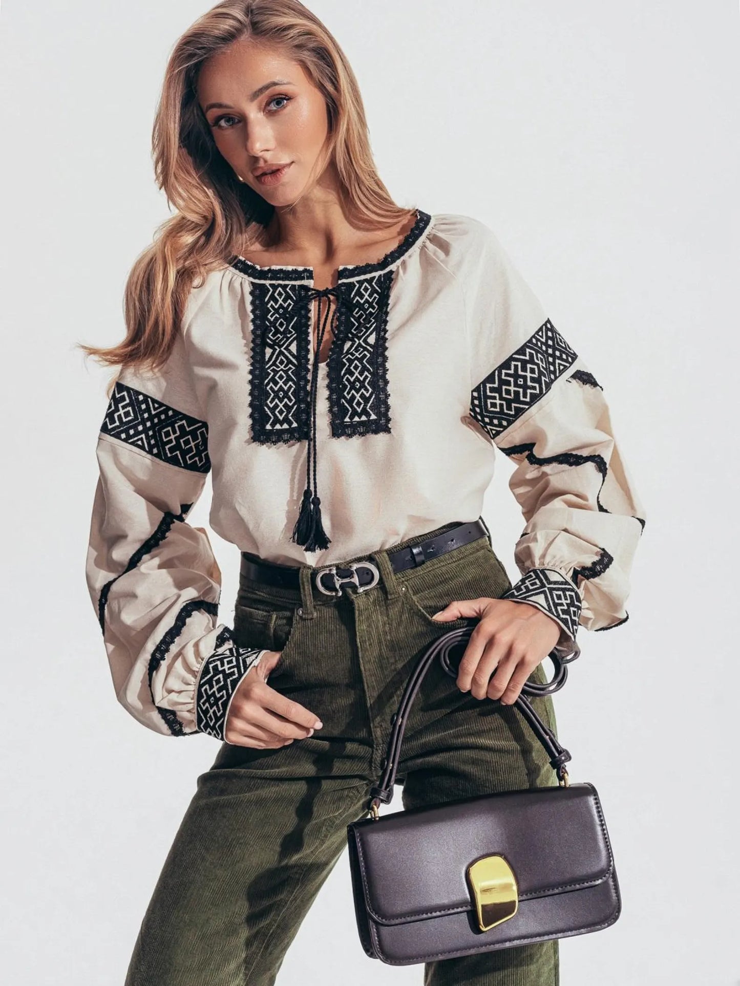 Modern Vyshyvanka Blouse with Black Geometric Embroidery