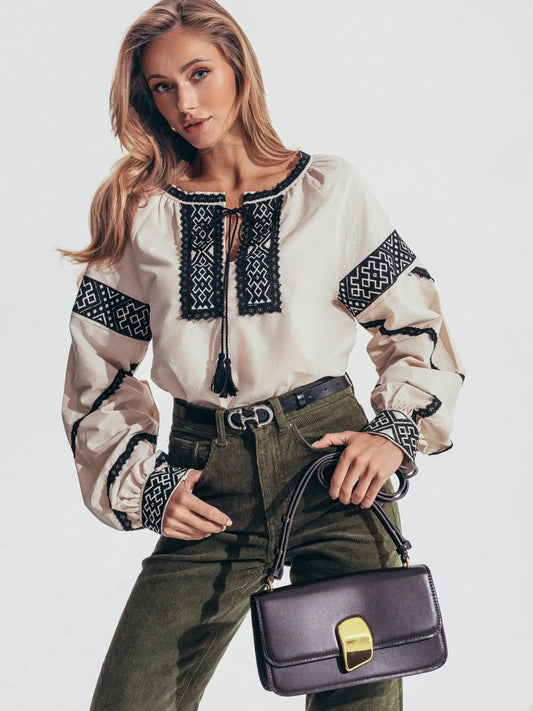 Modern Vyshyvanka Blouse with Black Geometric Embroidery