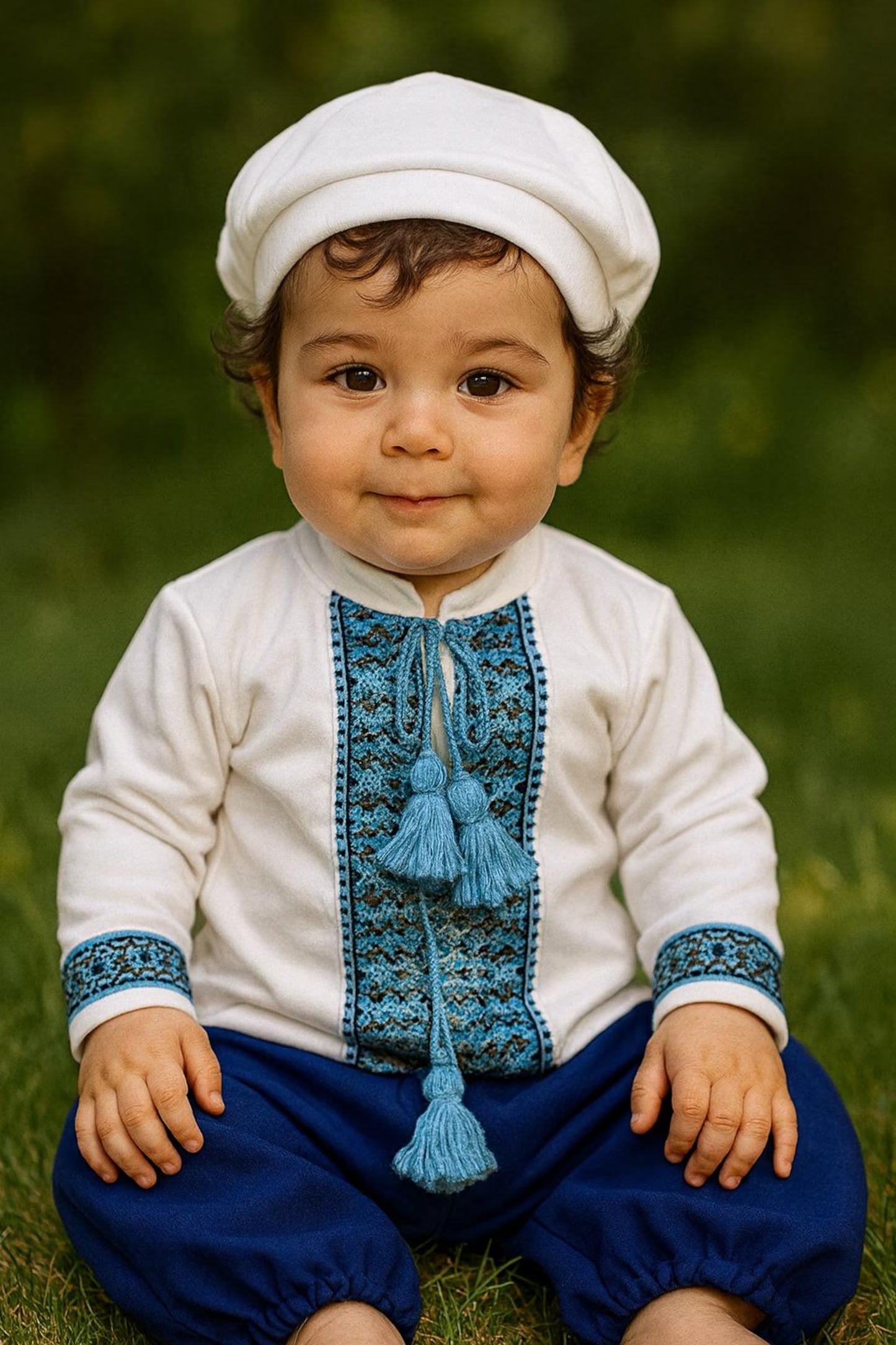 Adorable Blue Little Cossack Costume with Sharovary – Traditional Ukrainian Charm for Baby Boys