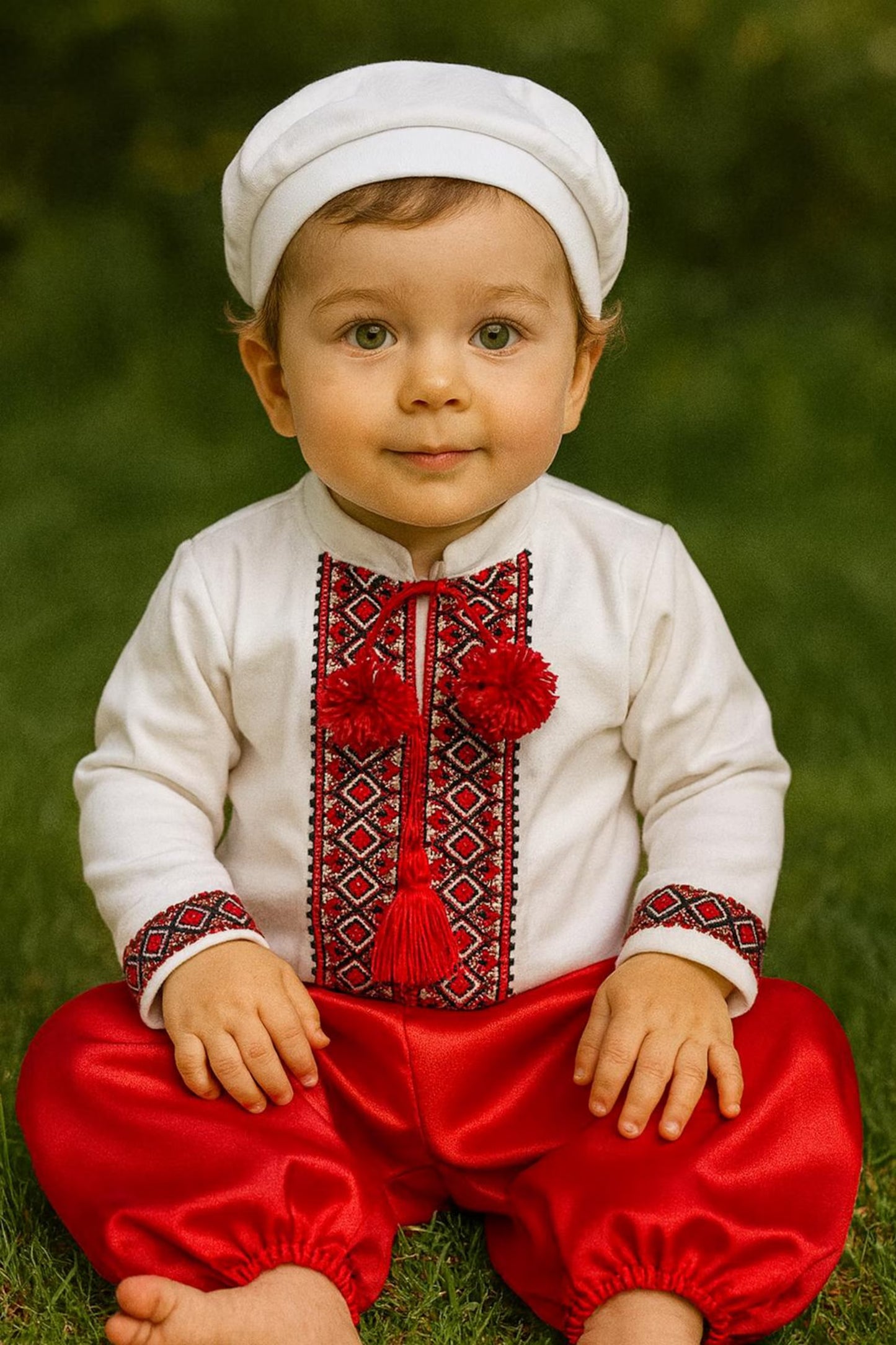 Adorable Little Red Baby Cossack Costume with Sharovary – Vyshyvanka Baptism Set