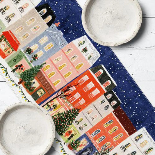 Wintery Christmas Table Runner with Festive Village Scene