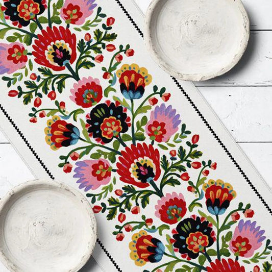 Artisan Christmas Table Runner with Ukrainian Folk Floral Holiday Design