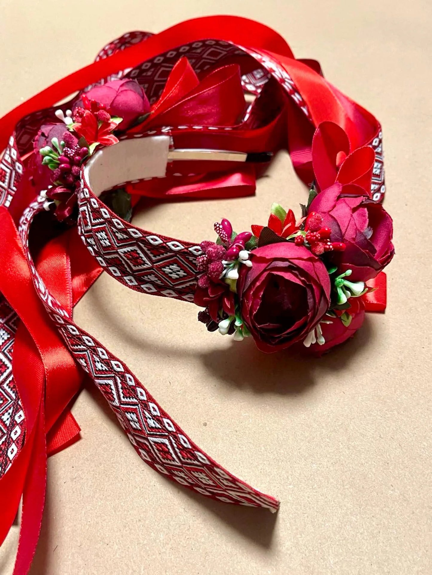 Artisan Ukrainian Floral Headband with Ribbons – Fits Children and Adults