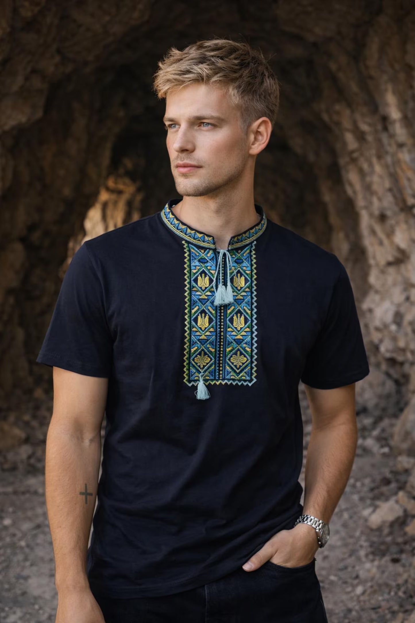 Modern Ukrainian Blue T-Shirt for Men with Tryzub Embroidery