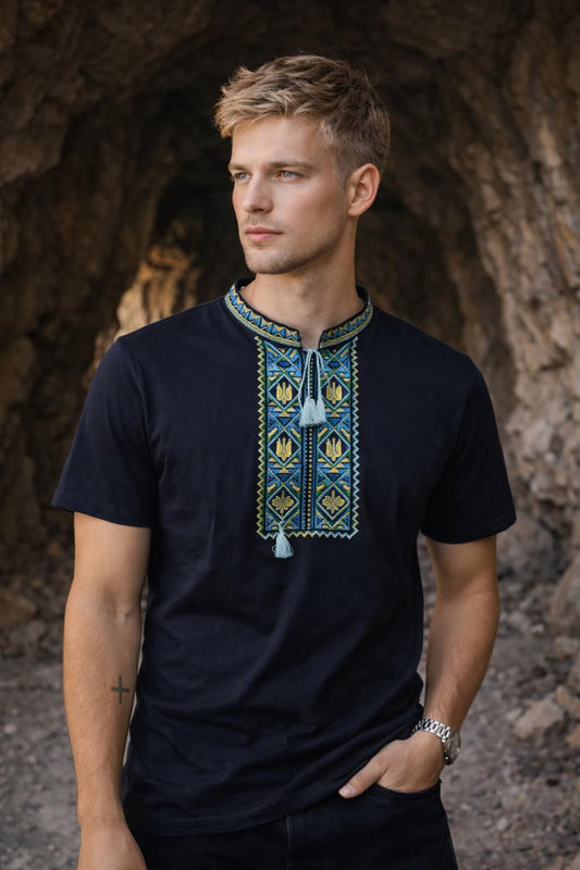 Modern Ukrainian Blue T-Shirt for Men with Tryzub Embroidery