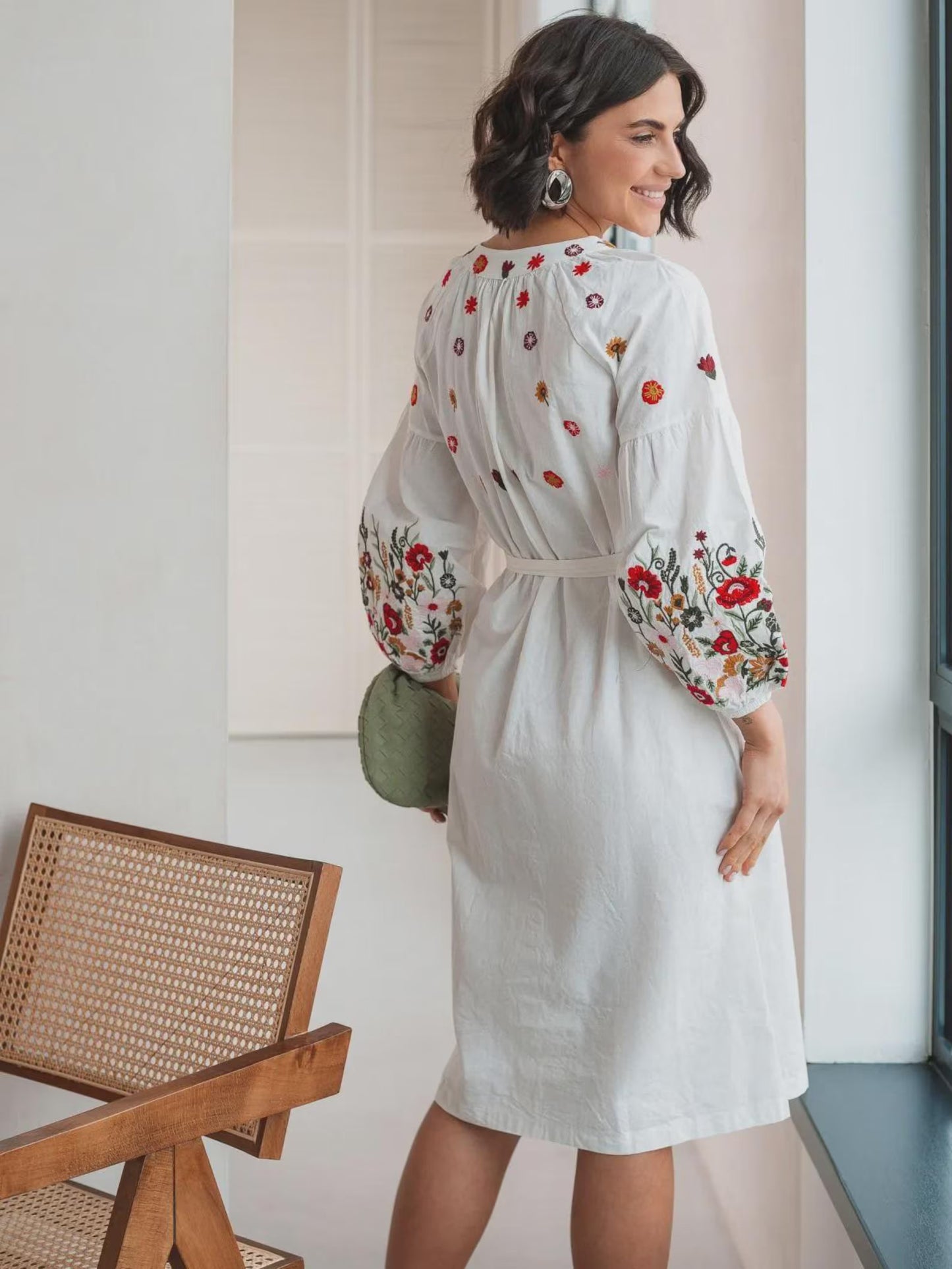 White Summer Dress with Folk Nouveau Embroidery Resort-Ready Effortless Elegance
