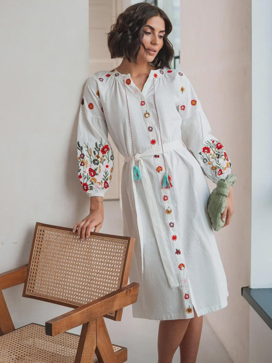 White Summer Dress with Folk Nouveau Embroidery Resort-Ready Effortless Elegance