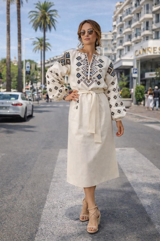 Heritage Cream Vyshyvanka Dress with Multicolor Geometric Embroidery