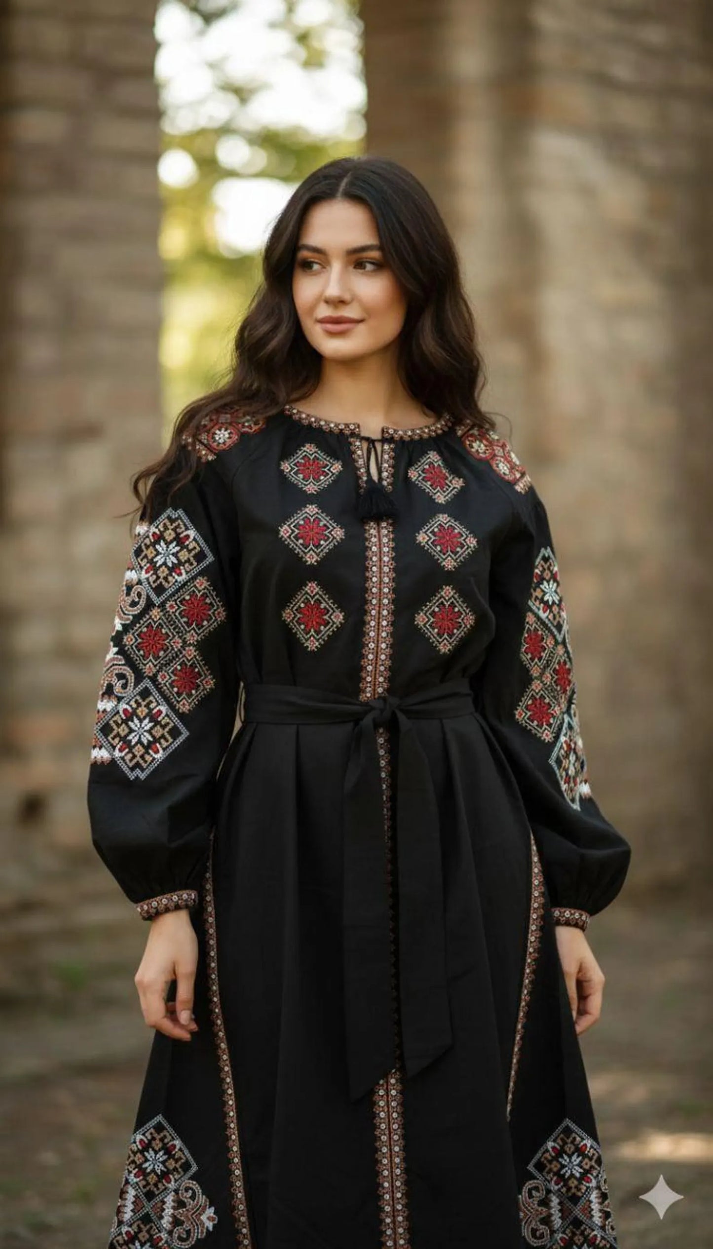 Elegant Geometric Vyshyvanka Dress - Ukrainian Embroidered Midi - Folk Statement Dress