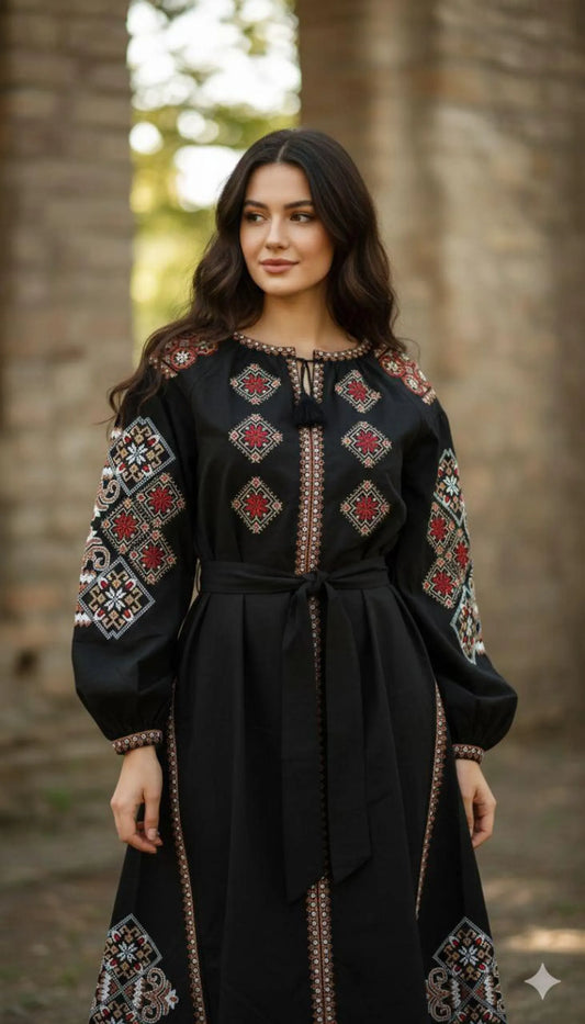 Elegant Geometric Vyshyvanka Dress - Ukrainian Embroidered Midi - Folk Statement Dress