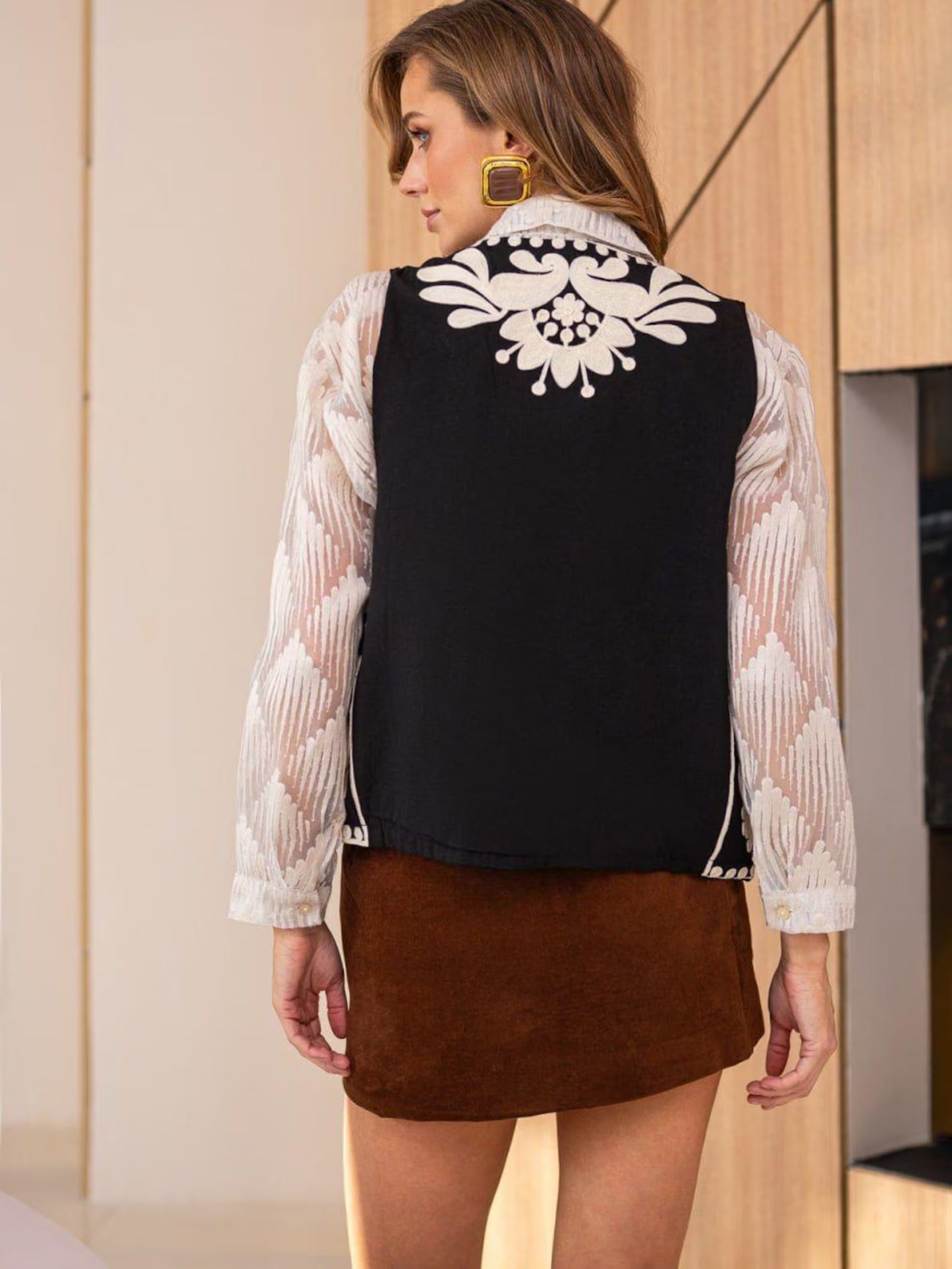 Bohemian Sleeveless Jacket with Ivory Floral Folk Embroidery
