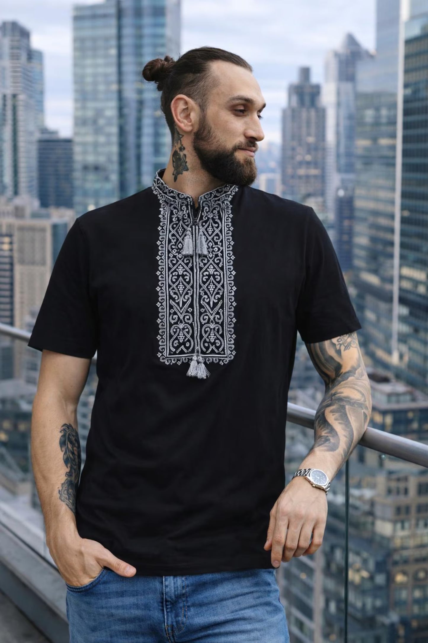 Modern Black Ukrainian T-Shirt Vyshyvanka For Men With Silver Embroidery