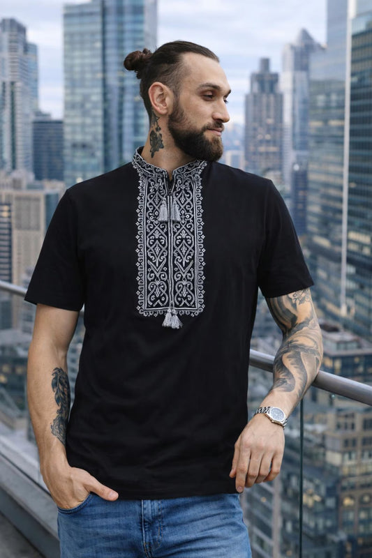 Modern Black Ukrainian T-Shirt Vyshyvanka For Men With Silver Embroidery