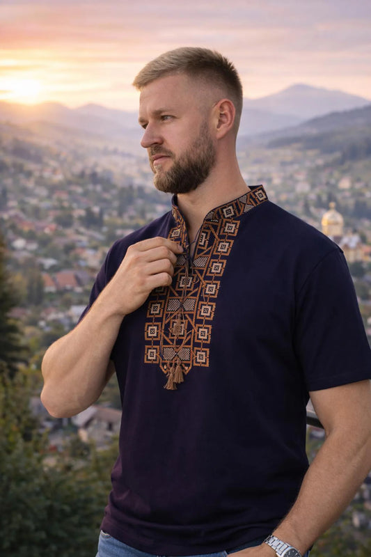 S-3XL Slavic Embroidered T-Shirt for Men with Blue Base with Brown Embroidery